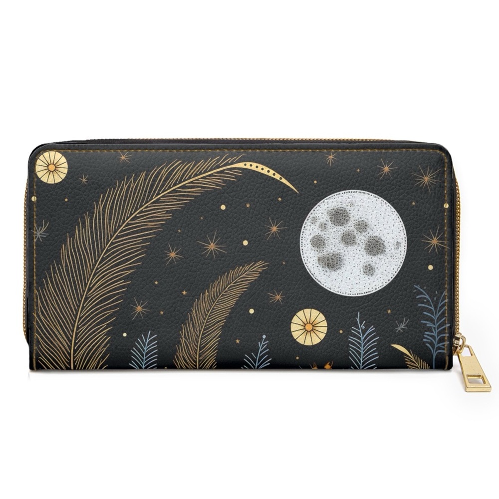 Celestial Moon Zipper Wallet | Black Flower Midnight Themed Wallet Design